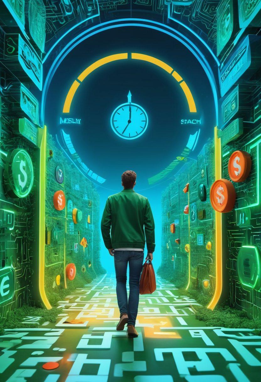 A modern digital landscape depicting a person navigating through a virtual maze of payday loan options. The scene should include vibrant icons representing fast cash, urgency, and technology, with animated dollar signs and clocks to emphasize speed. The background features a blend of blue and green digital circuitry, symbolizing the financial tech environment. Include dynamic arrows pointing towards a glowing payday loan button. super-realistic. vibrant colors. 3D.
