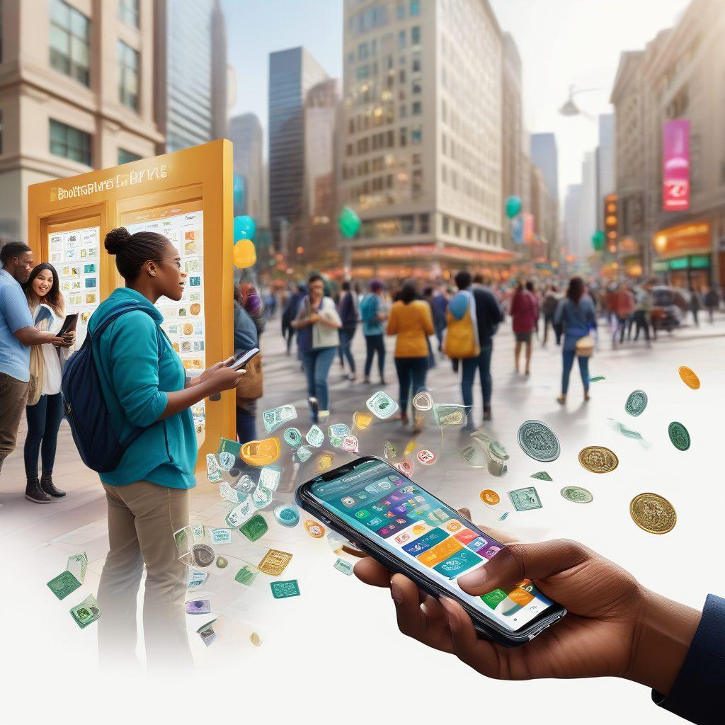 A bustling city scene depicting a diverse group of people using various financial resources, such as mobile apps and community centers, to find assistance. Include symbols of finance like coins, dollar bills, and calculators floating around them, with a sense of optimism and connection among different cultures. Bright and inviting colors to evoke a feeling of hope and accessibility. super-realistic. vibrant colors. white background.