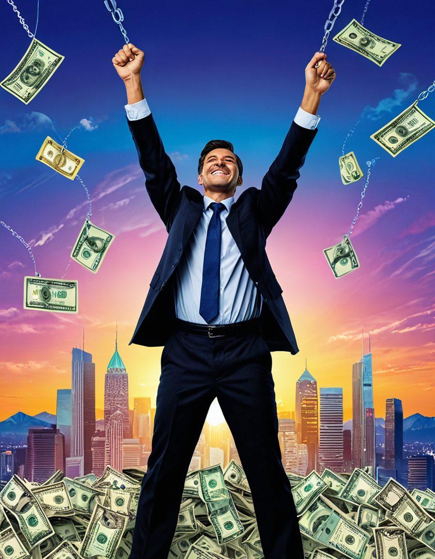 A person happily breaking free from chains made of dollar bills, surrounded by symbols of online banking and loan approvals, with a glowing key labeled 'Financial Freedom'. The background features a bright digital landscape with graphs and upward trends, embodying hope and prosperity. super-realistic. vibrant colors. dynamic composition.